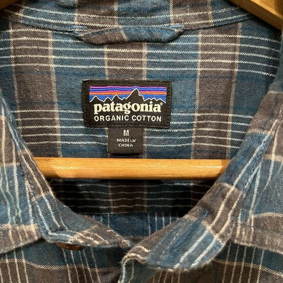 Patagonia Blue / Black Plaid Shirt Sz Medium M Button Up Organic Cotton - Picture 2 of 7